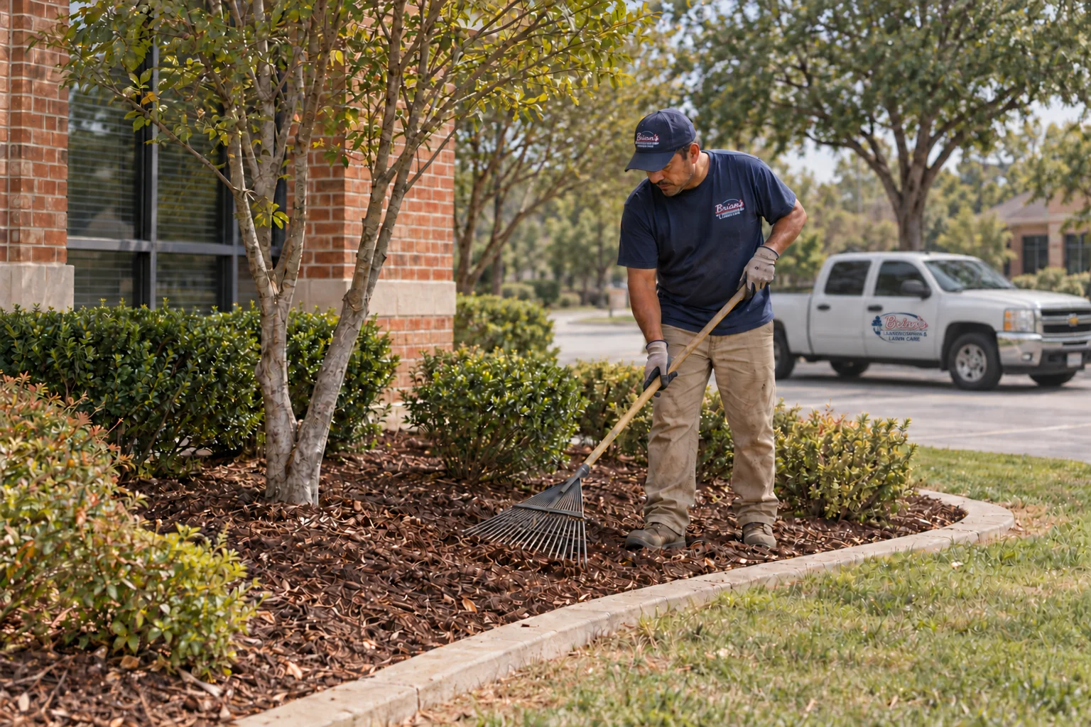 Landscaper caring for office grounds, with Brian’s branded white Silverado in the background.